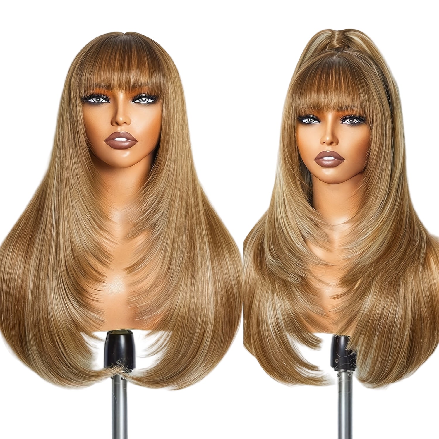 Long straight layered wig with bangs in a beautiful golden blonde color, styled for a glamorous look