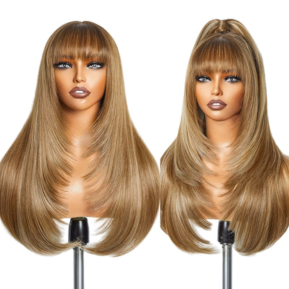 Long straight layered wig with bangs in a beautiful golden blonde color, styled for a glamorous look
