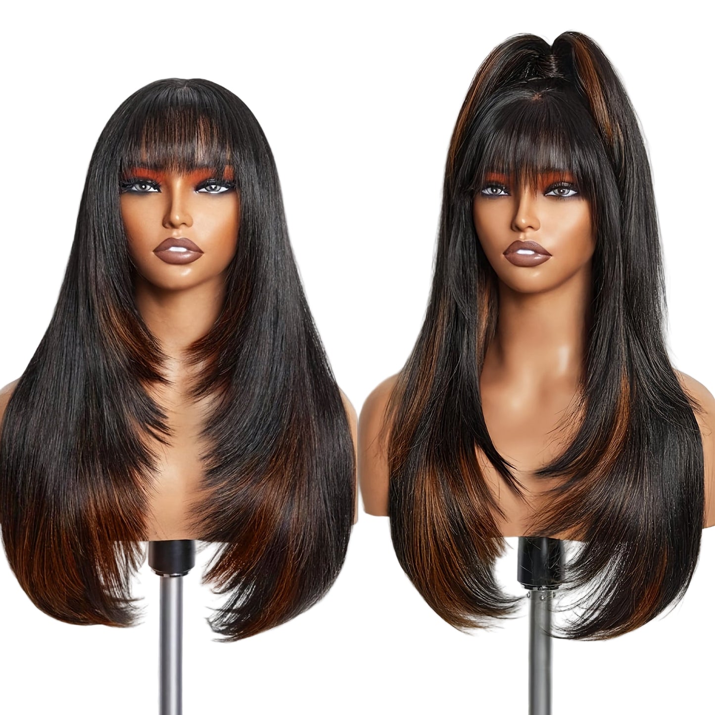 LuckeLadybug LLC long straight layered wig with bangs in dark tones for versatile styling options