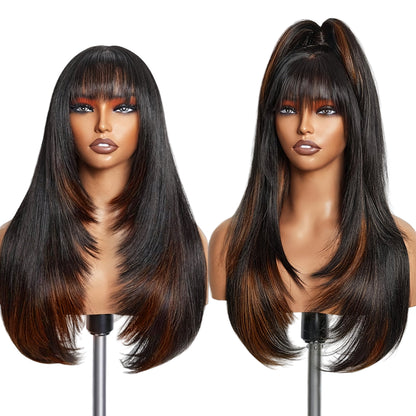 LuckeLadybug LLC long straight layered wig with bangs in dark tones for versatile styling options