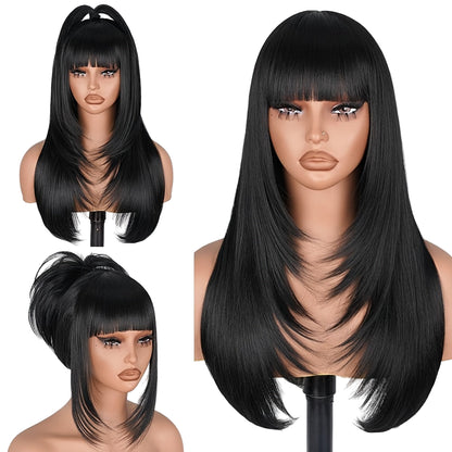 Long straight layered wig with bangs in various styles on a mannequin display