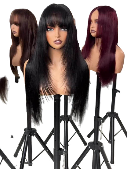 Long straight layered wig with bangs displayed in three vibrant colors on styling mannequins