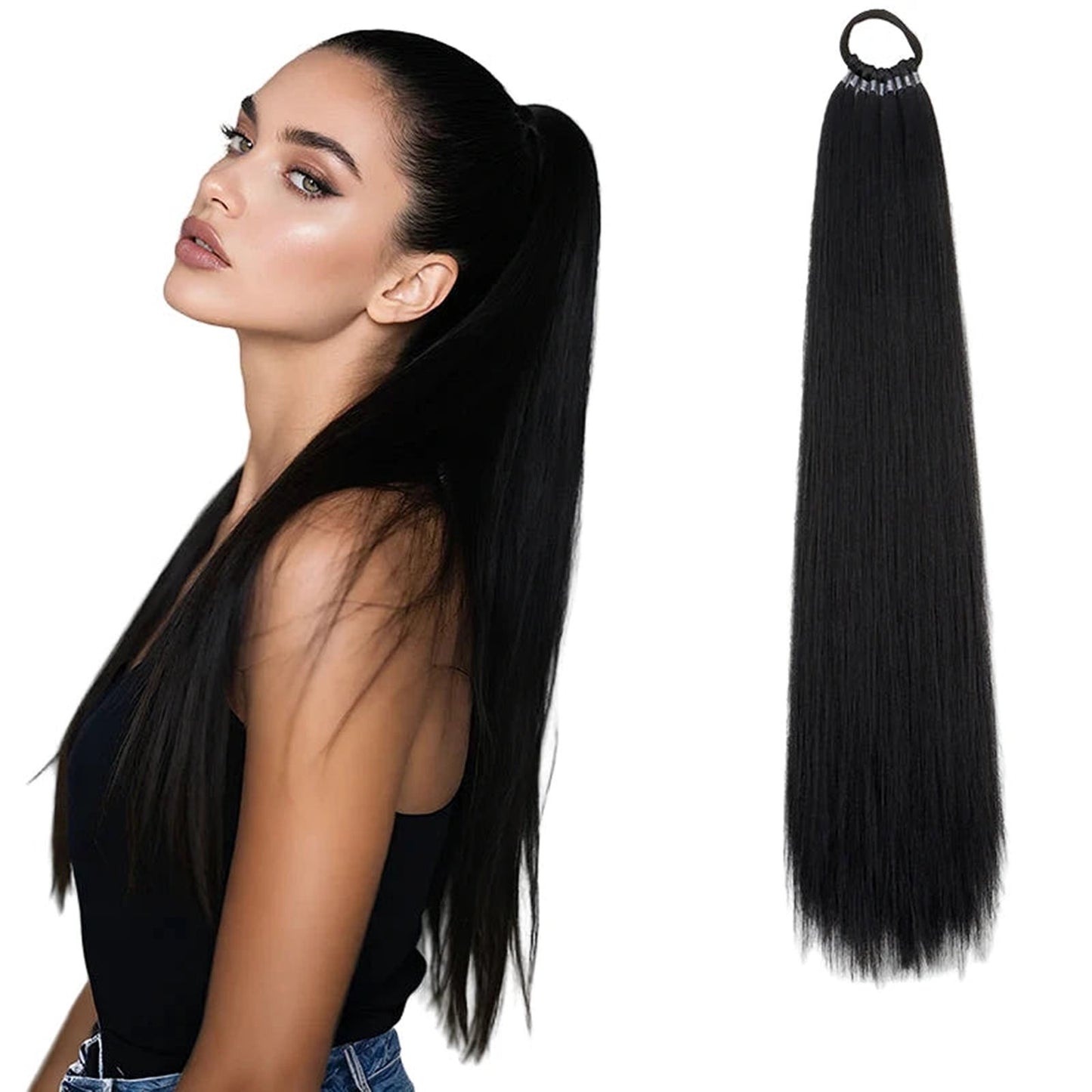 Long Straight Ponytail Hair Extension in Black, perfect for adding volume and style to your look