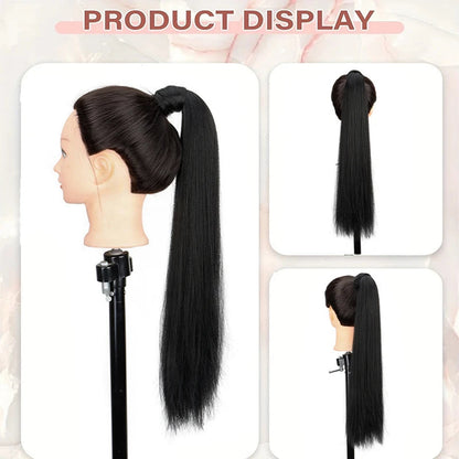 LuckeLadybug LLC long straight ponytail hair extension displayed on a mannequin head with a sleek design