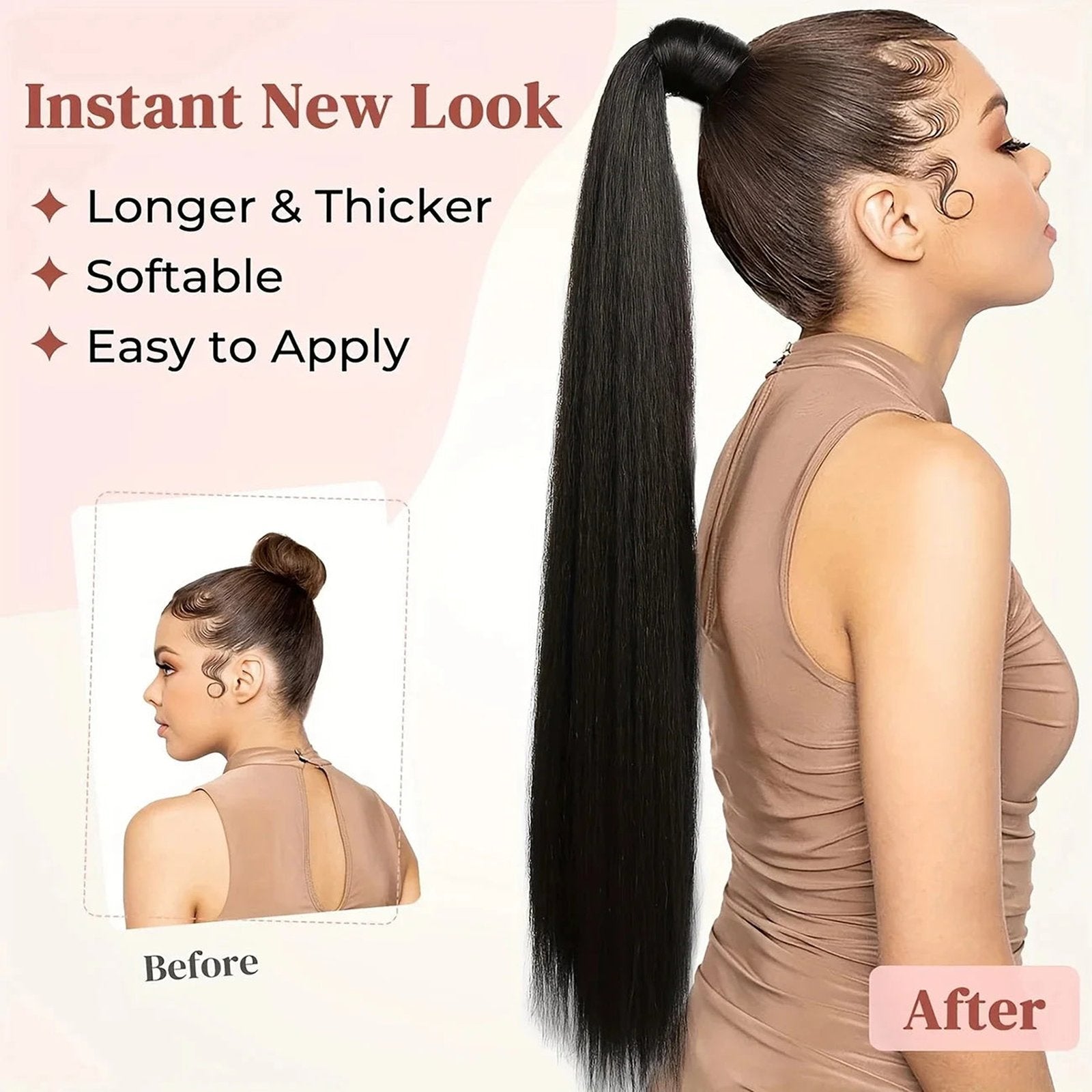 Long straight ponytail hair extension by LuckeLadybug LLC for easy application and a stylish new look