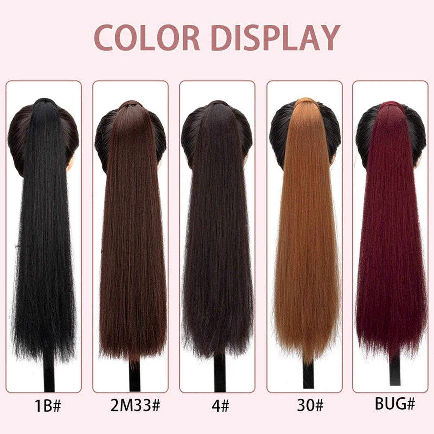 Color display of long straight ponytail hair extension in various shades including black, brown, and burgundy