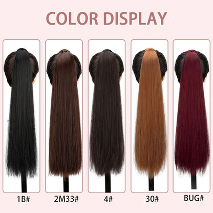 Color display of long straight ponytail hair extension in various shades including black, brown, and burgundy