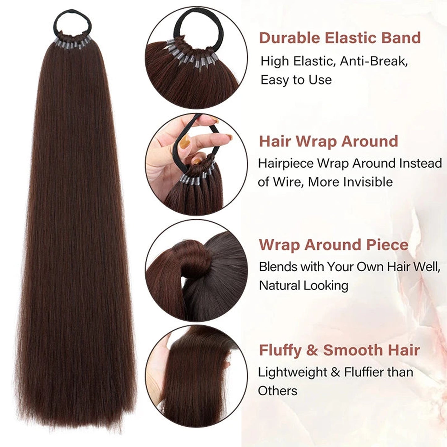 Long straight ponytail hair extension in dark brown for a natural-looking hairstyle upgrade