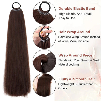 Long straight ponytail hair extension in dark brown for a natural-looking hairstyle upgrade