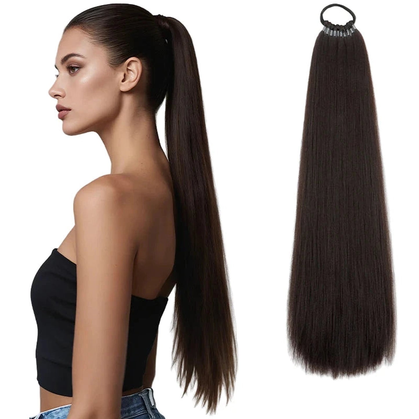 Long straight ponytail hair extension by LuckeLadybug LLC for stylish hair looks