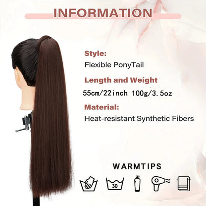 Long straight ponytail hair extension in brown, made from heat-resistant synthetic fibers