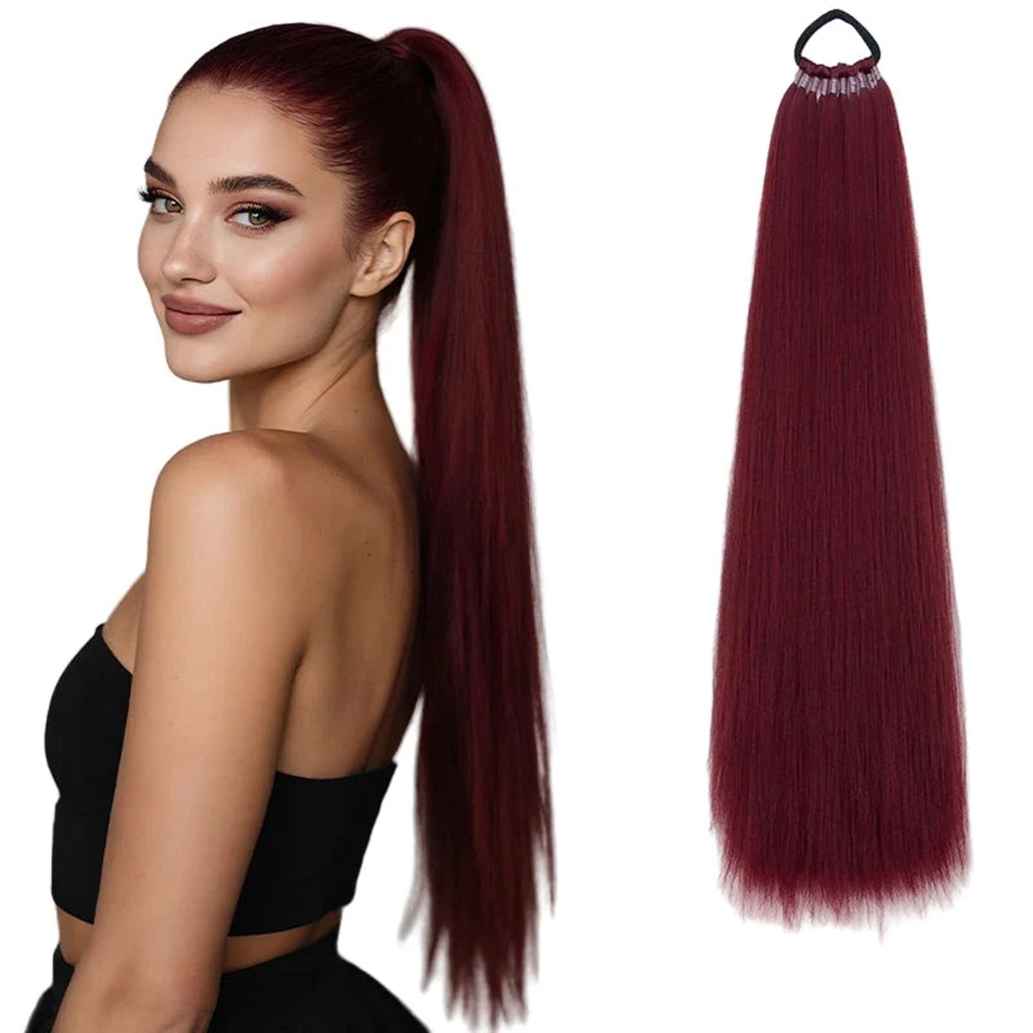 Long Straight Ponytail Hair Extension in Burgundy with a Model Showcasing a Sleek Hairstyle