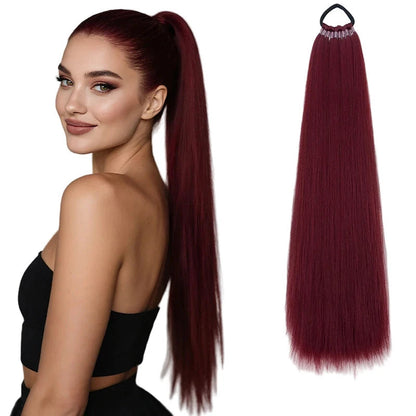 Long Straight Ponytail Hair Extension in Burgundy with a Model Showcasing a Sleek Hairstyle