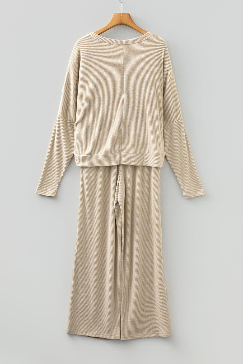 Beige lounge room set featuring a comfortable top and wide-leg pants, perfect for relaxing at home