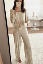 Comfortable beige lounge pants from LuckeLadybug LLC, perfect for pairing with a lounge room set