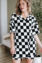 LuckeLadybug black and white checkered shorts part of a lounge room set
