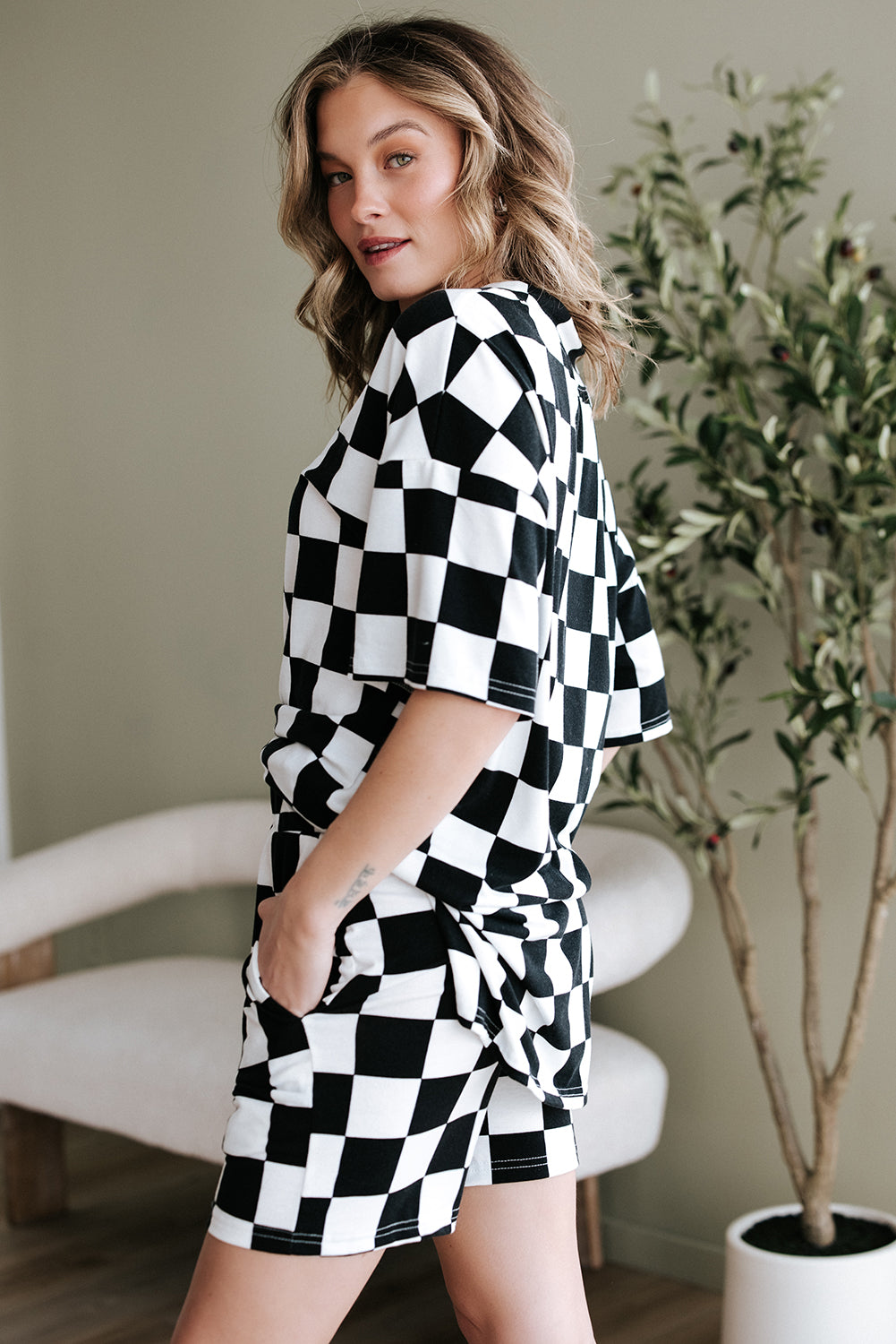LuckeLadybug LLC Black and White Checkered Shorts, perfect for a lounge room set