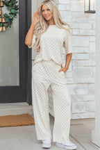 Beige LuckeLadybug LLC lounge room set featuring comfortable oversized top and wide-leg pants