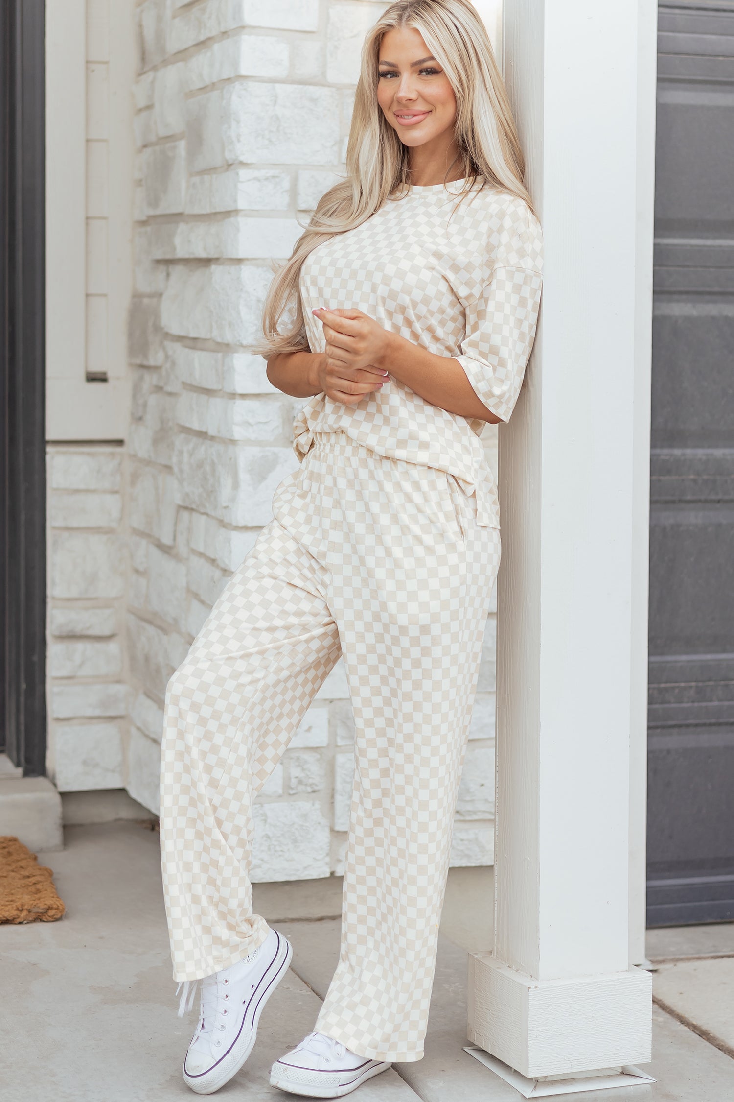 LuckeLadybug LLC women's lounge room set in cream checkered pattern, styled with sneakers