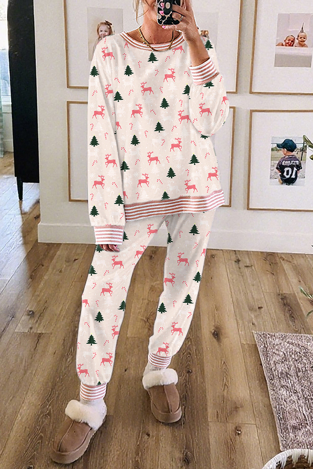 Cozy lounge room set featuring festive reindeer and tree patterns, perfect for relaxation at home