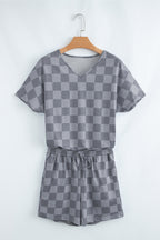 Gray checkered shorts set perfect for lounging, ideal for a cozy lounge room set