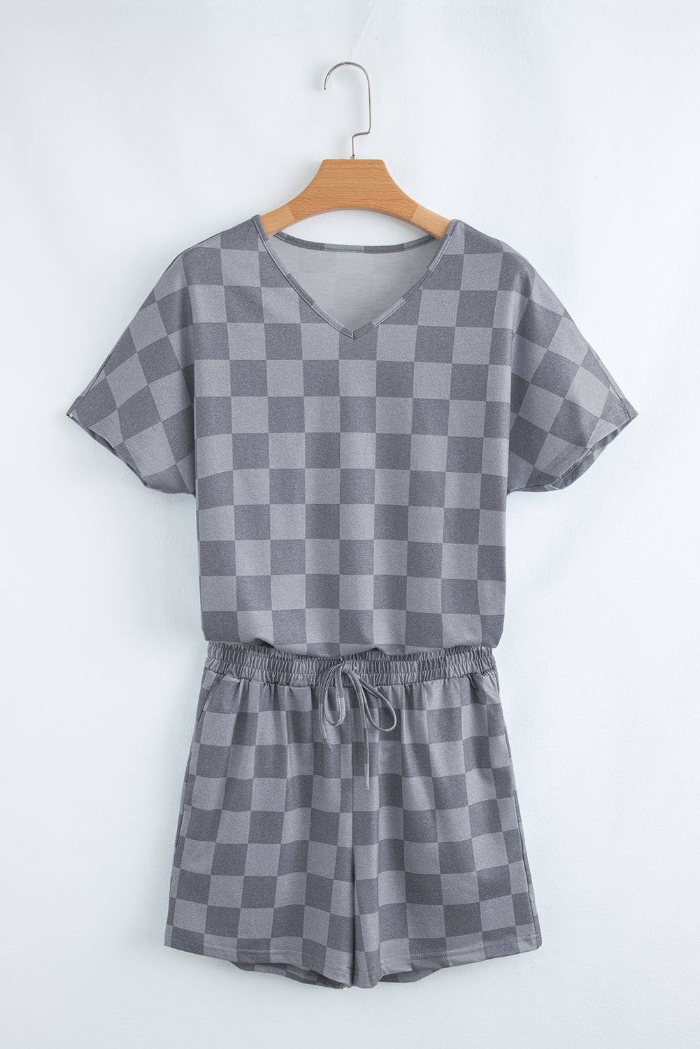 Gray checkered shorts set perfect for lounging, ideal for a cozy lounge room set