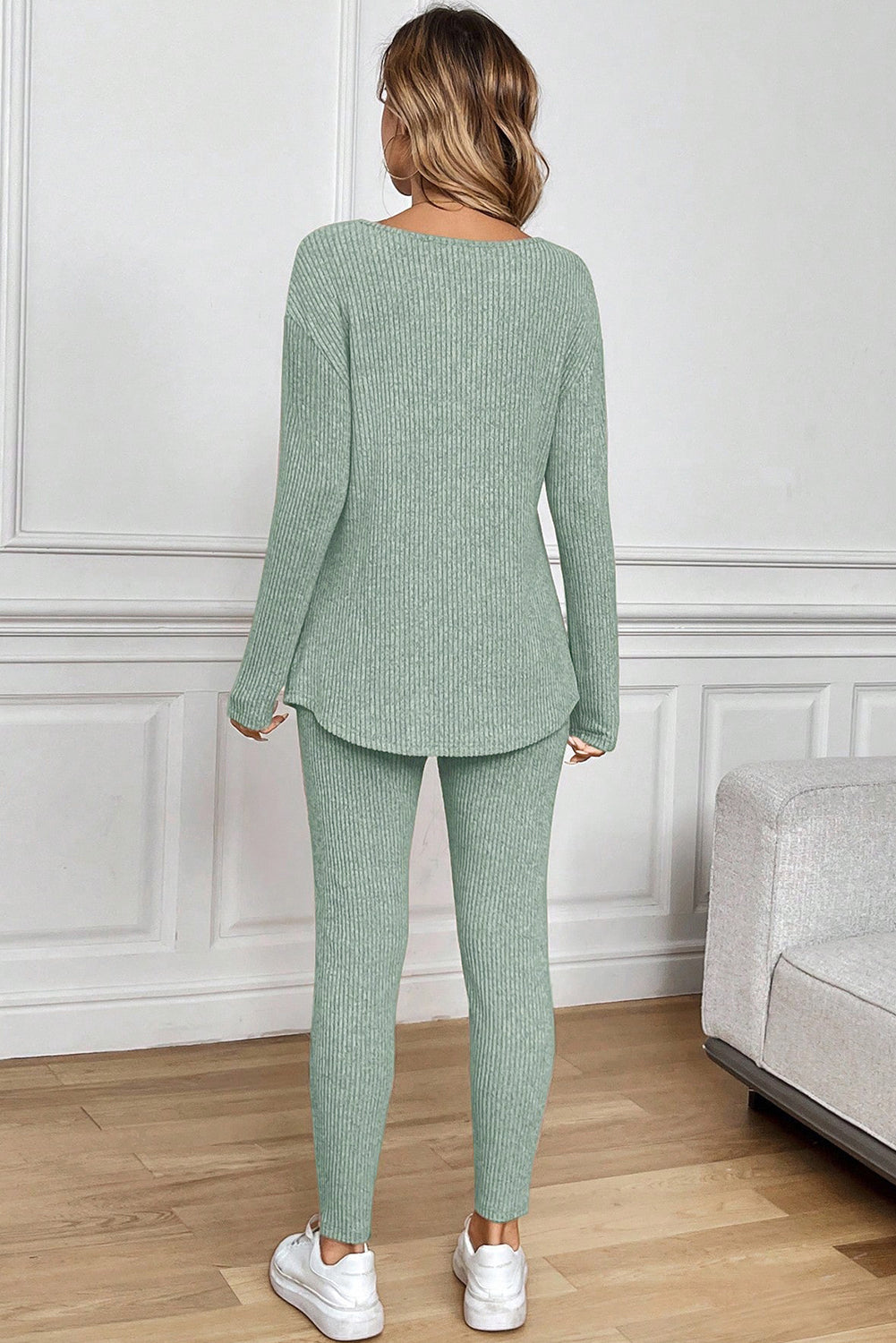 LuckeLadybug LLC lounge room set in green, featuring fitted pants and a long-sleeve top for comfortable lounging