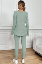 LuckeLadybug LLC lounge room set in green, featuring fitted pants and a long-sleeve top for comfortable lounging