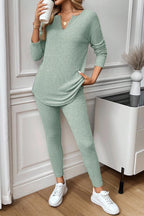 Light green lounge room set featuring a cozy ribbed top and fitted pants for casual comfort