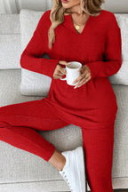 Cozy red lounge room set with a v-neck sweater and matching pants for relaxed comfort