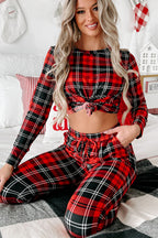 Comfortable plaid lounge room set featuring a cropped top and matching pants by LuckeLadybug LLC