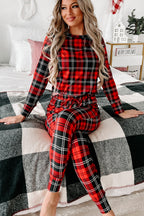 Plaid red lounge room set by LuckeLadybug LLC featuring a cozy top and matching pants for relaxed style