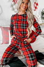 Red and black plaid lounge room set featuring a cozy top and matching pants for relaxation