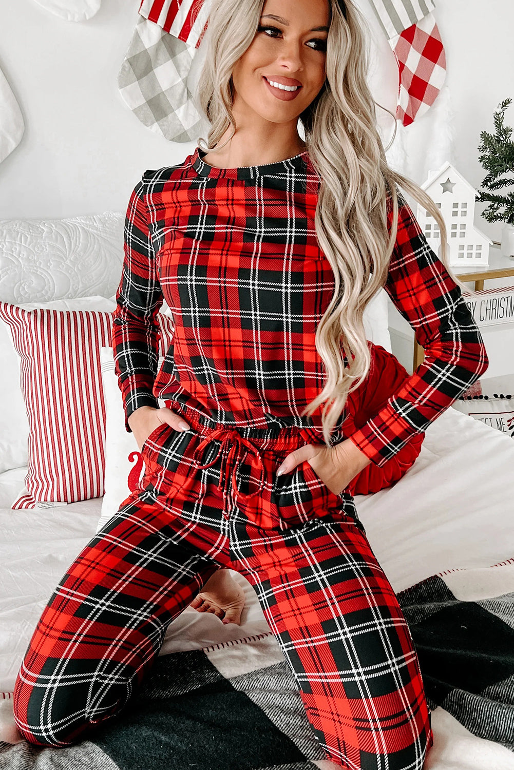 Red and black plaid lounge room set featuring a cozy top and matching pants for relaxation