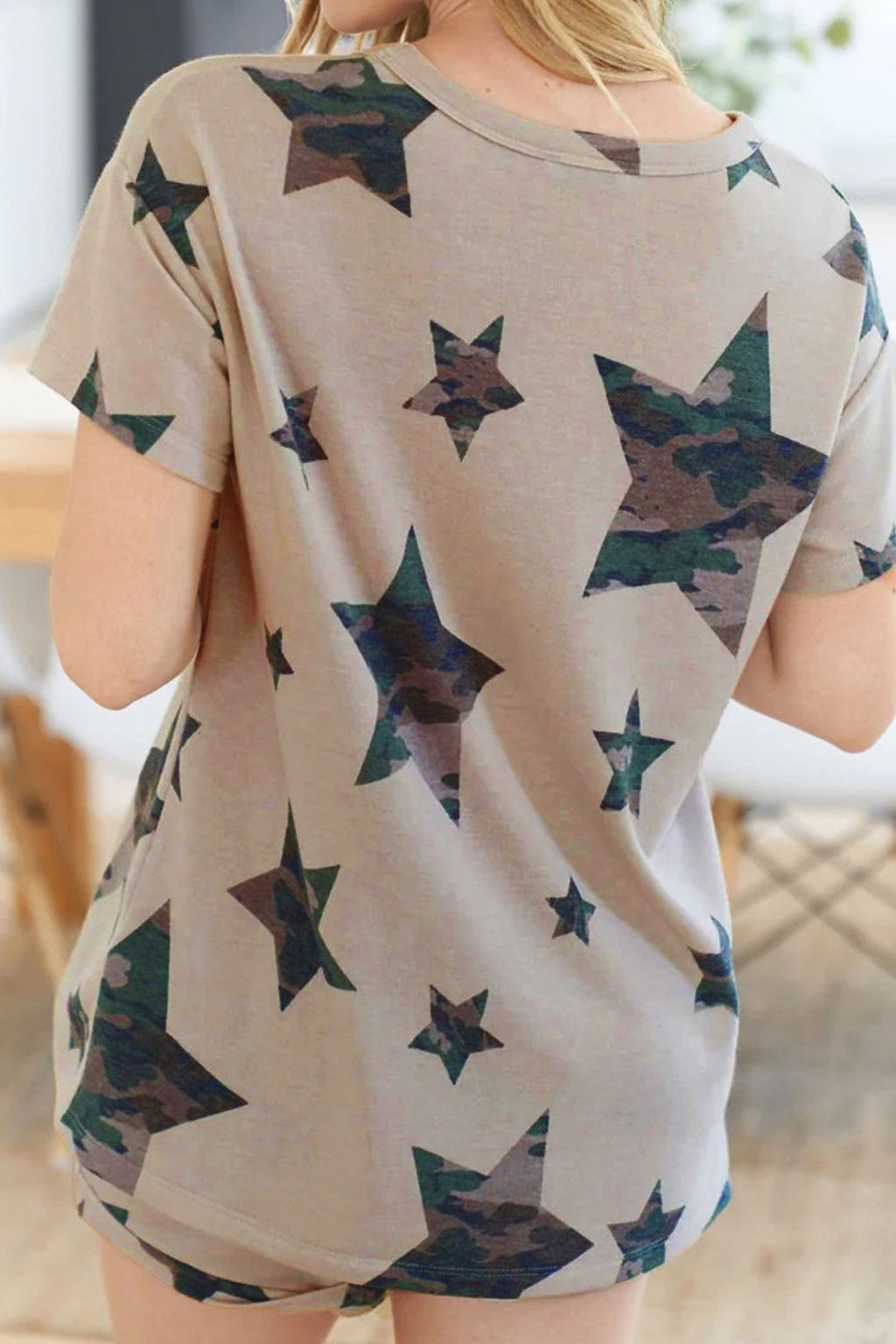 Comfortable LuckeLadybug LLC lounge room set featuring a camo star print tee for relaxed styling