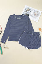 LuckeLadybug LLC navy striped shorts and matching top lounge room set for comfortable lounging