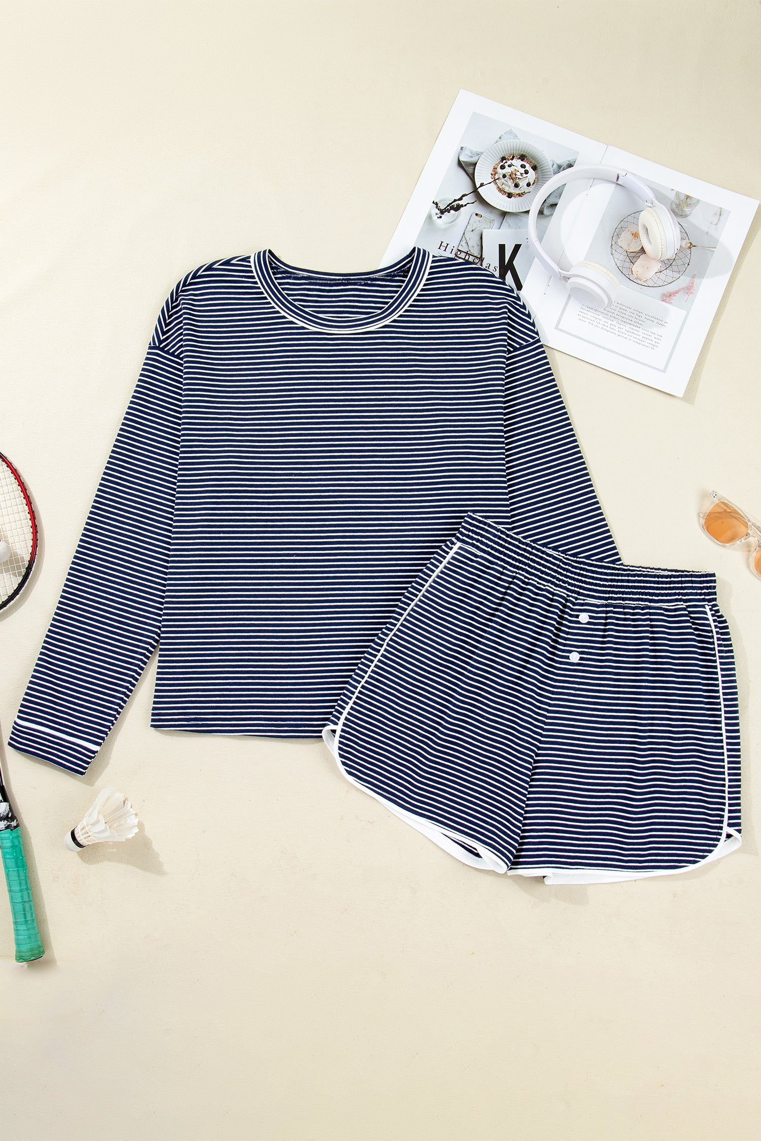 LuckeLadybug LLC navy striped shorts and matching top lounge room set for comfortable lounging