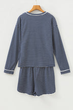 Navy striped shorts from LuckeLadybug LLC perfect for relaxing, part of a lounge room set