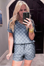 LuckeLadybug lounge room set featuring a stylish gray checkered top and shorts for casual comfort