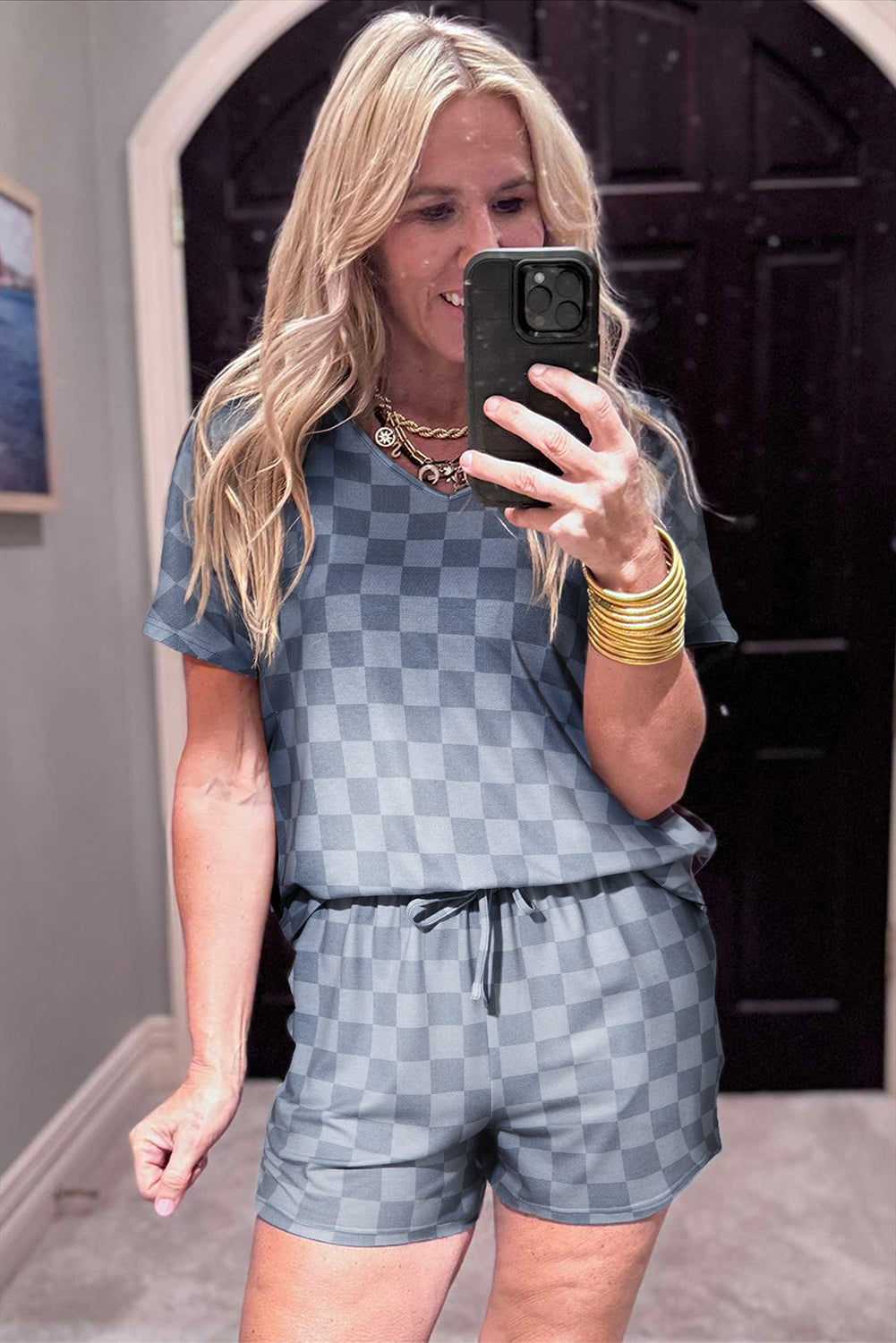 LuckeLadybug lounge room set featuring a stylish gray checkered top and shorts for casual comfort