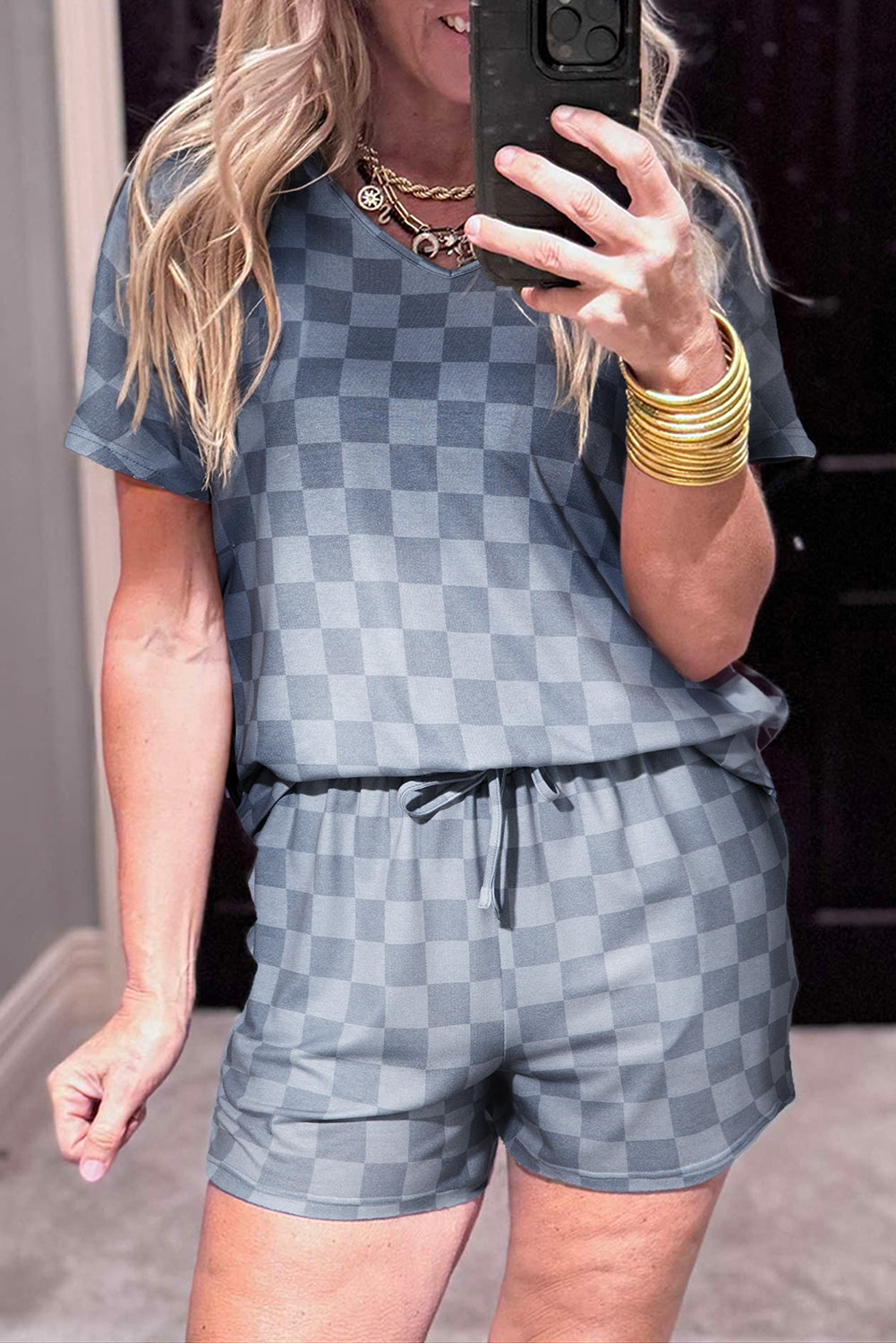 Comfortable blue checkered shorts from LuckeLadybug LLC, perfect for a lounge room set