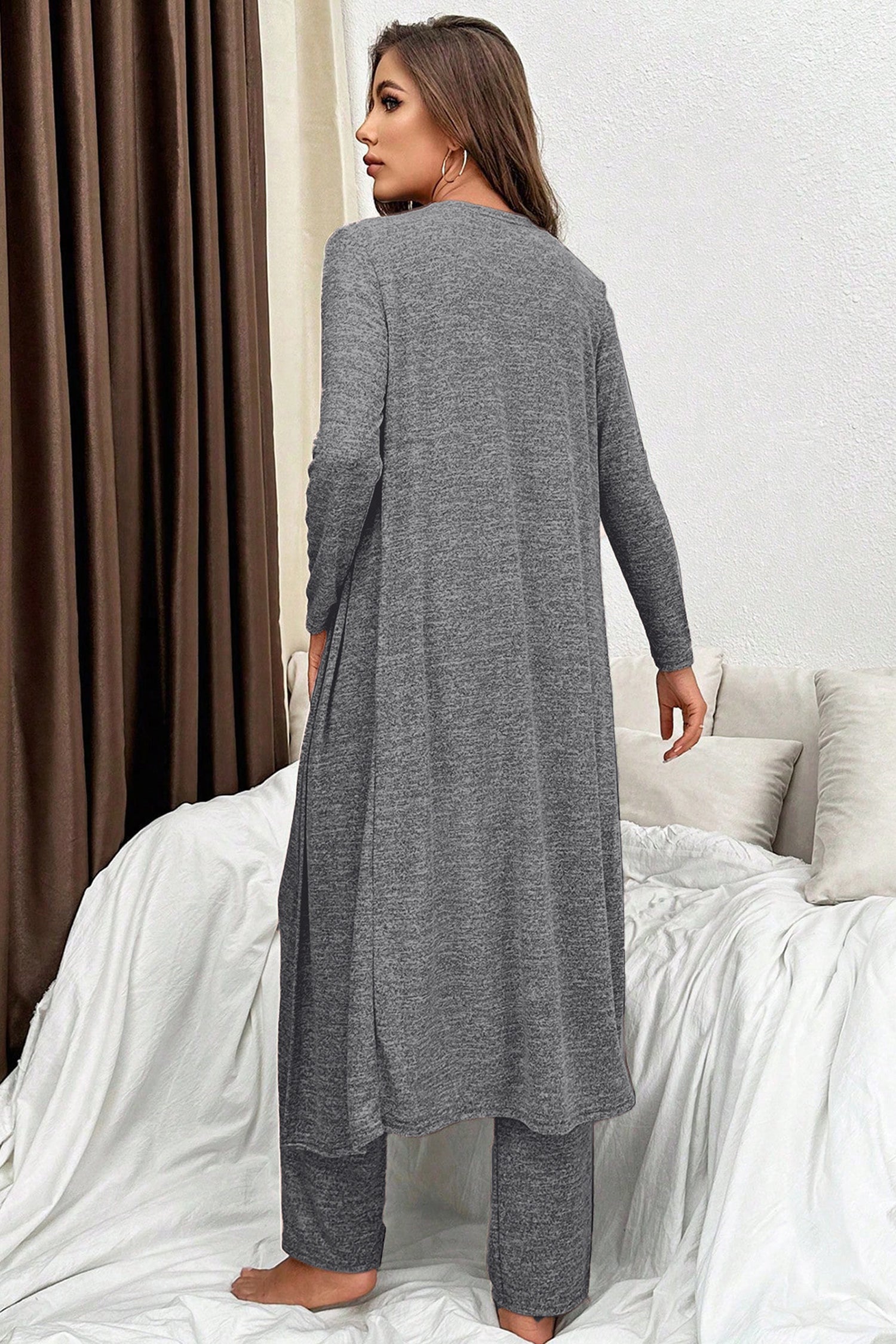 Gray lounge room set featuring a long cardigan and matching pants for comfortable relaxation