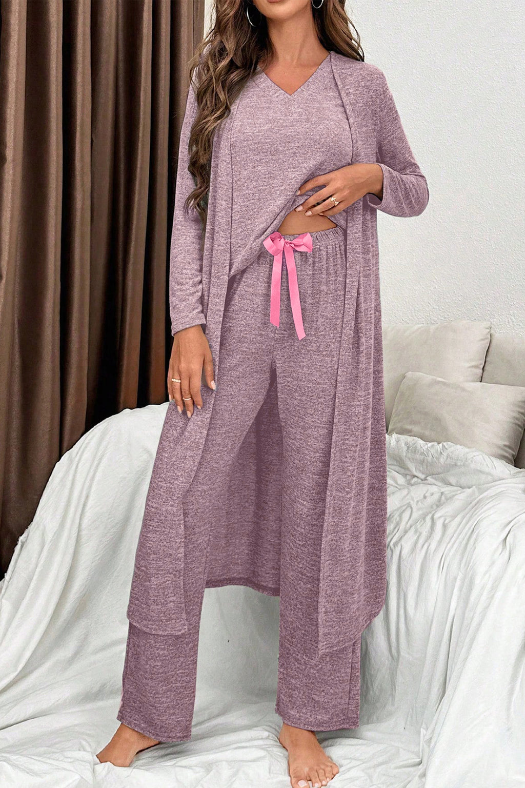 LuckeLadybug LLC Women’s Lounge Room Set in Soft Pink with Long Cardigan and Pants