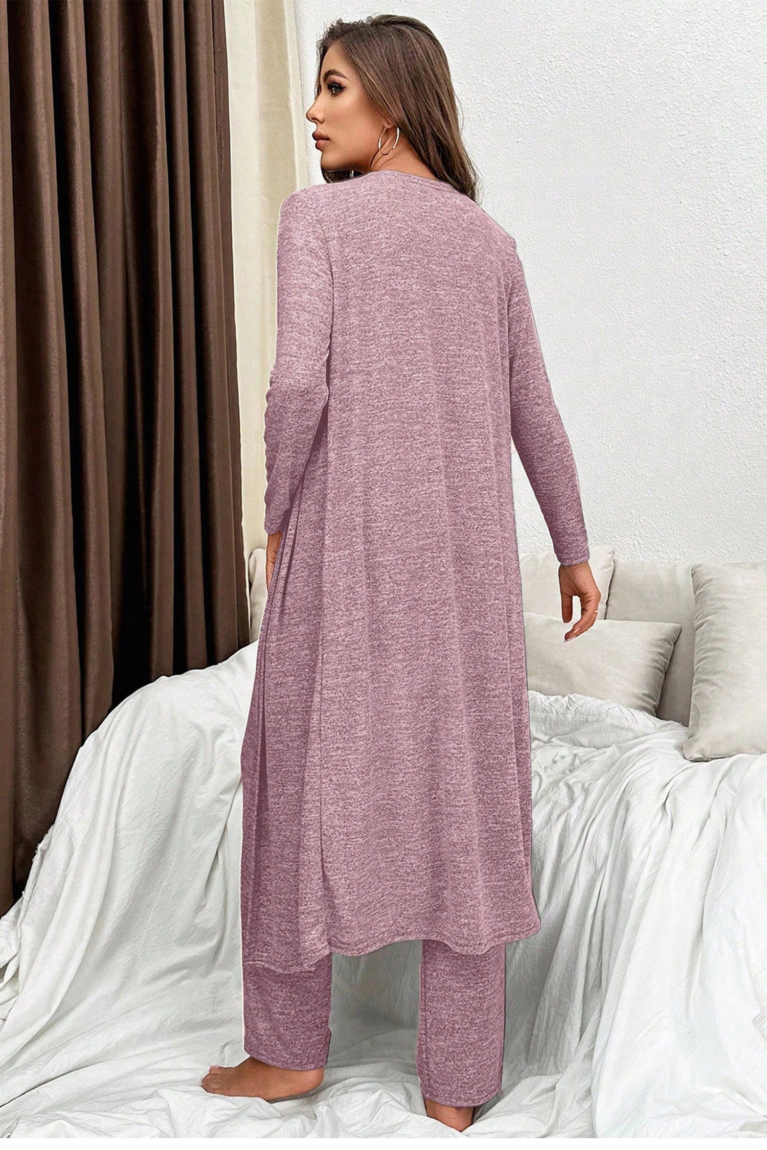 Relaxed fit lounge room set from LuckeLadybug LLC featuring a long top and matching pants in soft pink