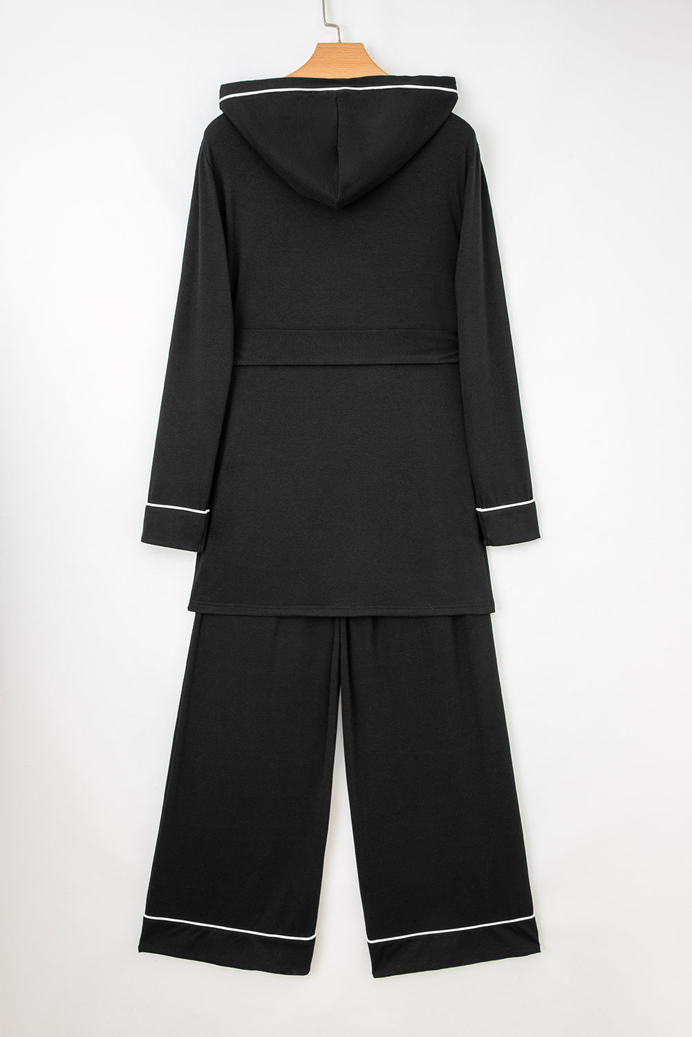 Black LuckeLadybug LLC loungewear set with a hooded top and wide-leg pants