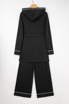 Black LuckeLadybug LLC loungewear set with a hooded top and wide-leg pants