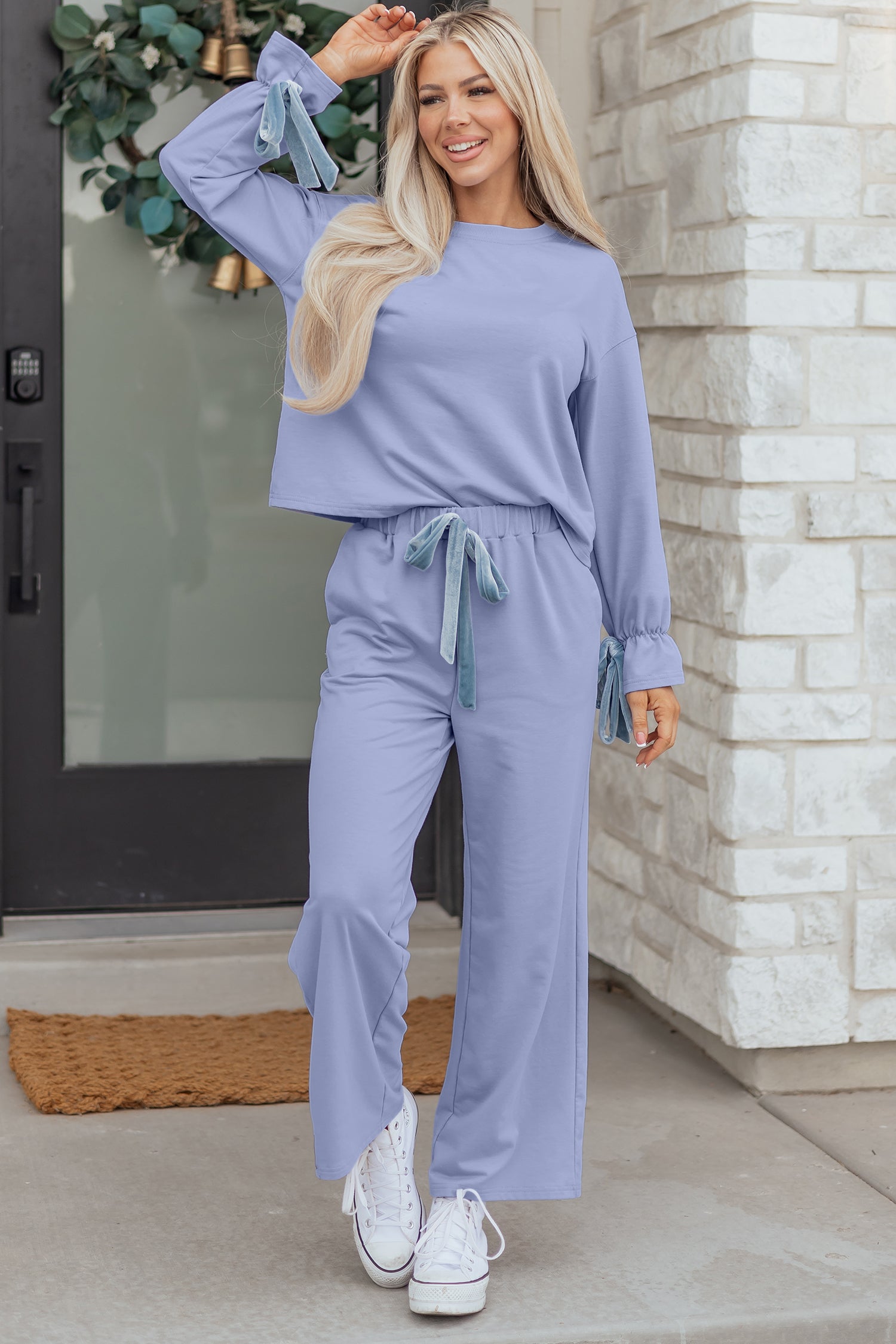 Light purple loungewear set from LuckeLadybug LLC featuring soft fabric and stylish tie details