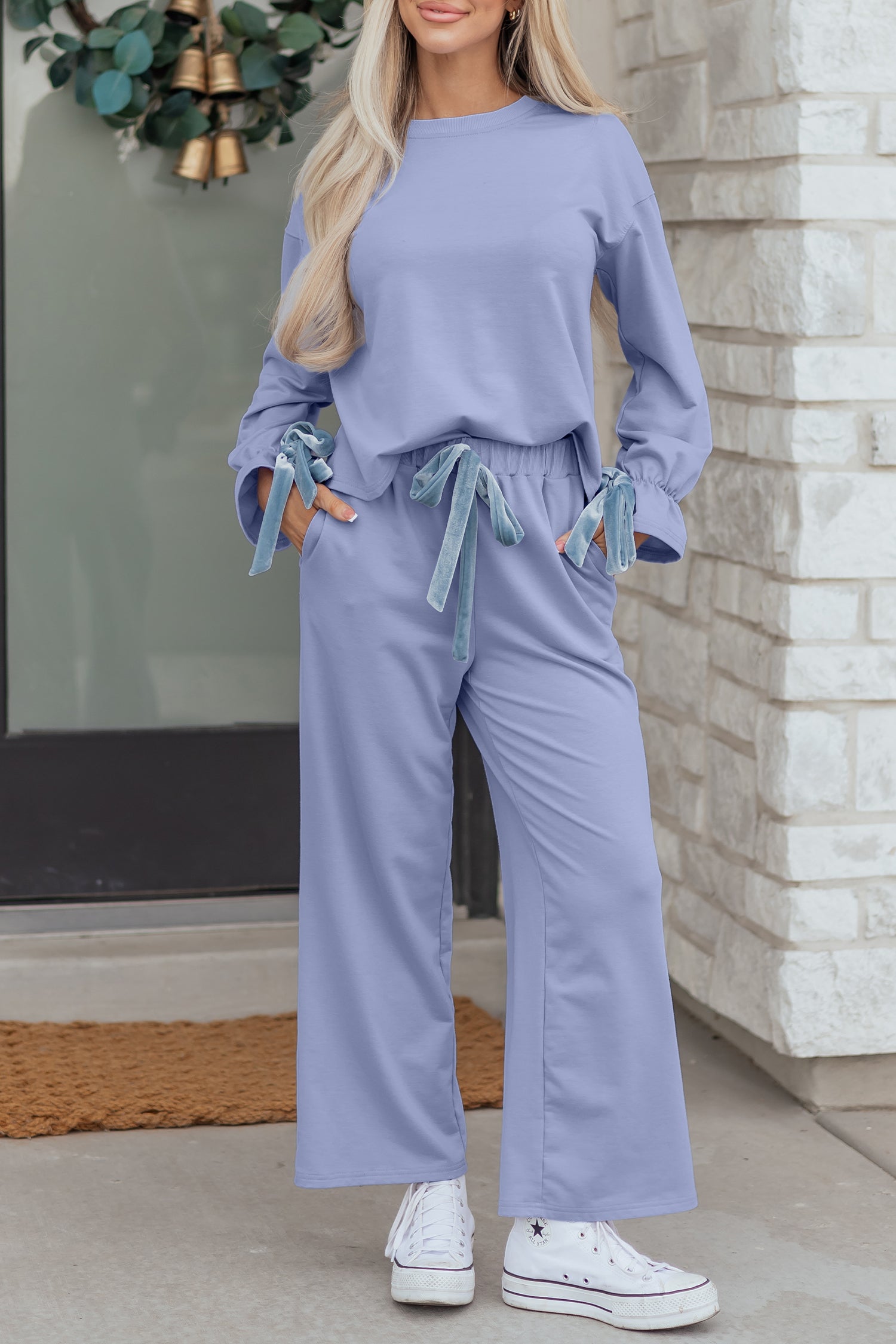 Soft purple loungewear set from LuckeLadybug LLC featuring wide-leg pants and a cozy top