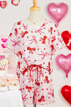 LuckeLadybug LLC Pink Loungewear Set with Red Ribbon Print and Comfortable Fit for Relaxing Days
