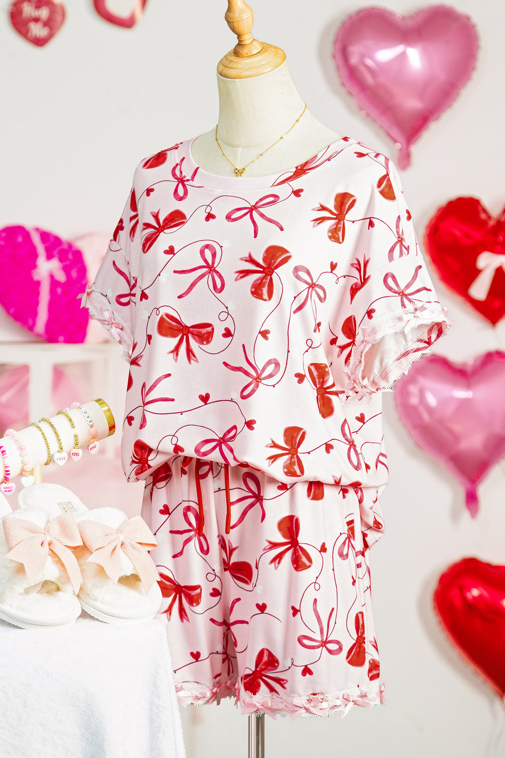 LuckeLadybug LLC Pink Loungewear Set Featuring Bow Print Top and Matching Shorts